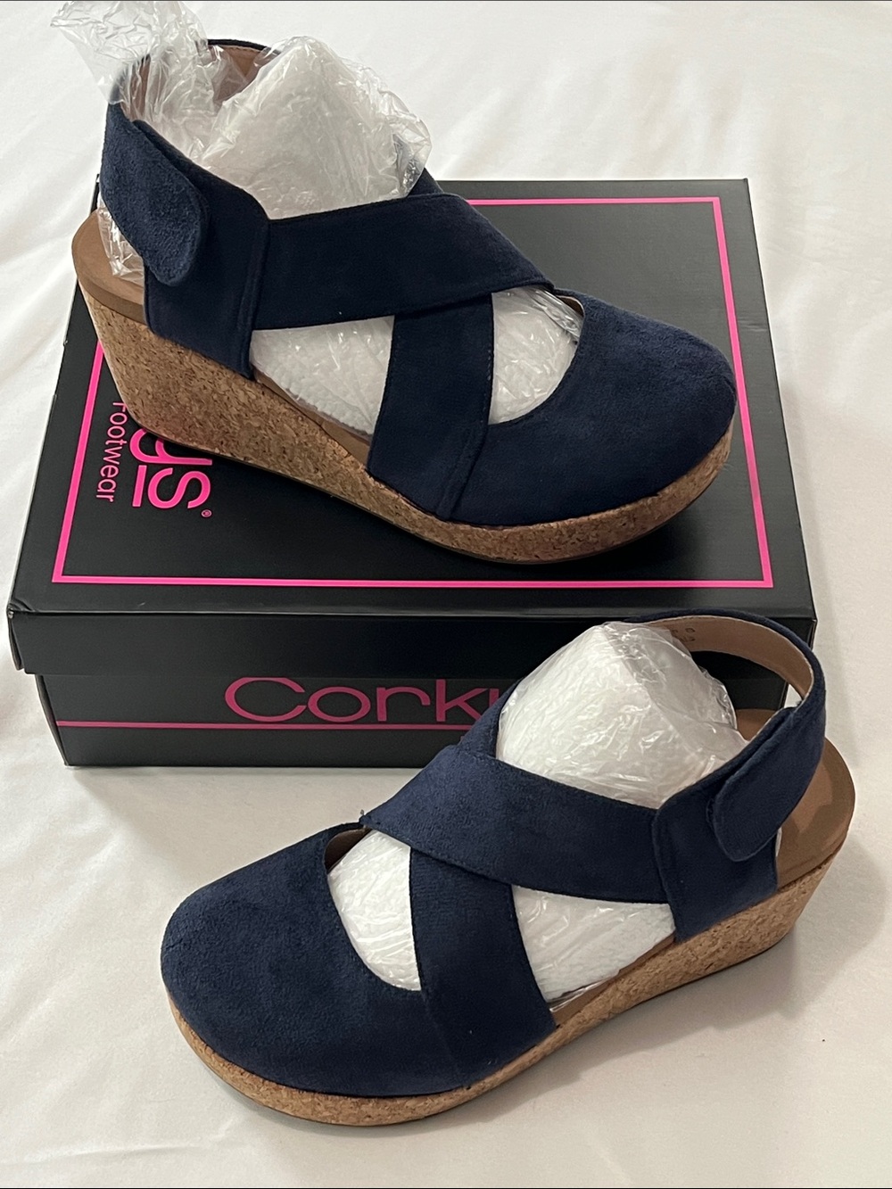 Corkys Navy Faux Suede Case Closed Wedges- New in Box